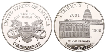 США 1 доллар 2001 P, Центр посещения Капитолия KM 324 серебро PROOF 11-268-12