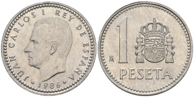 Испания 1 песета 1986 M, Хуан Карлос I (1975-2014) KM 821 алюминий 4401-843
