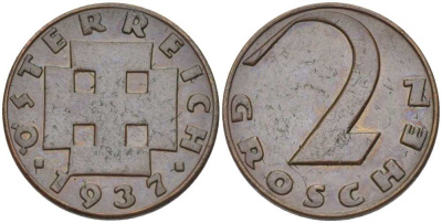 АВСТРИЯ 2 ГРОША 1937 ДОВОЕННАЯ ДЕСЯТИЧНАЯ ЧЕКАНКА KM 2837 бронза 201-216