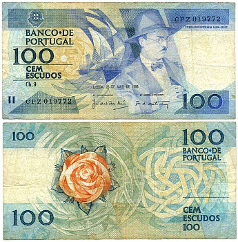 ПОРТУГАЛИЯ 100 ЭСКУДО 1988 26 МАЯ 1988, ФЕРНАНДО ПЕССОА ПОРТУГАЛЬСКИЙ ПОЭТ Pick 179е бумага 8611-63-2-1