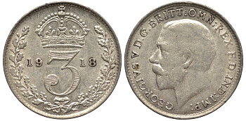 Великобритания 3 пенса 1918 Георг V (1910-1936) KM 813, Spink 4015 серебро 4528-459
