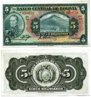 Боливия 5 боливиано 1928 серия Т6, 20 ИЮЛЯ 1928 ГОДА, ПЕРВЫЙ ВЫПУСК, №058658 Pick 120а бумага XF 8616-50-2-1