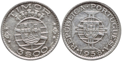 Португальский Тимор 3 эскудо 1958 год тип KM 14 серебро aUNC 63-321