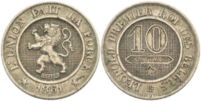БЕЛЬГИЯ 10 САНТИМОВ 1861 BELGES KM 22 медно-никель 83-1646