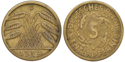 Германия 5 рентенпфеннигов 1924 E - Мульденхюттен KM 32 алюминиевая бронза 4173-647