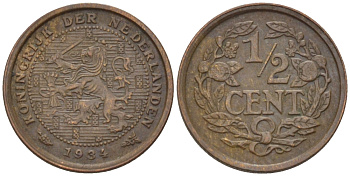 НИДЕРЛАНДЫ 1/2 ЦЕНТА 1934 ВИЛЬГЕЛЬМИНА (1890-1948) KM 138 бронза 39-227
