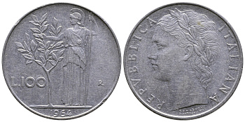 ИТАЛИЯ 100 ЛИР 1964 R, АФИНА KM 96.1 нержавеющая сталь 4379-1211