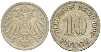 ГЕРМАНИЯ 10 ПФЕННИГОВ 1908 A KM 12, J. 13, Weege 8 медно-никель 212-123