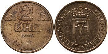 НОРВЕГИЯ 2 ЭРЕ 1928 KM 371 бронза 51-952