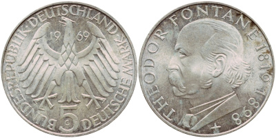 ФРГ 5 марок 1969 G, 150 лет со дня рождения Теодора Фонтана J. 399, KM 125.1 серебро aUNC 1529-233