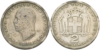 Греция 2 драхмы 1959 Павел I (1947-1964) KM 82 медно-никель 4511-1154