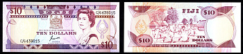 Фиджи 10 долларов ND (1989) Елизавета II (1952-2022) Pick 92 a бумага UNC (пресс) 451-1209-1