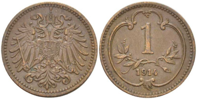 АВСТРИЯ 1 ГЕЛЛЕР 1914 АВСТРО-ВЕНГЕРСКАЯ ИМПЕРИЯ KM 2800 бронза 201-322