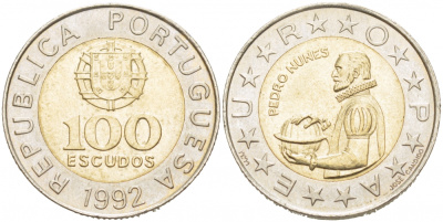 Португалия 100 эскудо 1992 Педру Нуниш (1502-1578), математик KM 645.1 биметалл 77-545