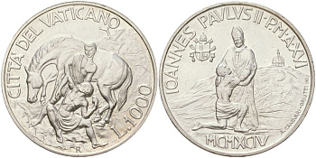 Ватикан 1000 лир 1994 Добрый самаритянин KM 258 серебро UNC 4162-733