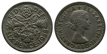 Великобритания 6 пенсов 1958 Елизавета II (1952-2022) KM 903, Spink 4149 медно-никель 4381-666