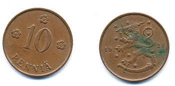 Финляндия 10 пенни 1929 республика (1918-1962) KM 24 медь 46-1656