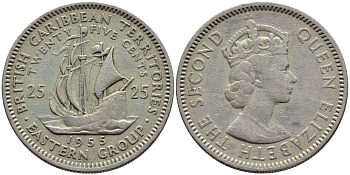 Британские Восточно-Карибские территории 25 центов 1955 Елизавета II (1952-2022), парусник KM 6 медно-никель 4379-1317