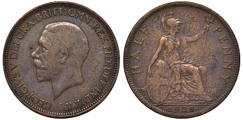 Великобритания 1/2 пенни 1928 Георг V (1910-1936) KM 837, Spink 4058 бронза 4122-735