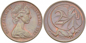 АВСТРАЛИЯ 2 ЦЕНТА 1983 ЕЛИЗАВЕТА II (1953-), ЕЛИЗАВЕТА II, МОЛОДОЙ ПОРТРЕТ, ПЛАЩЕНОСНАЯ ЯЩЕРИЦА (FRILLED LIZARD) KM 63 бронза 4519-455