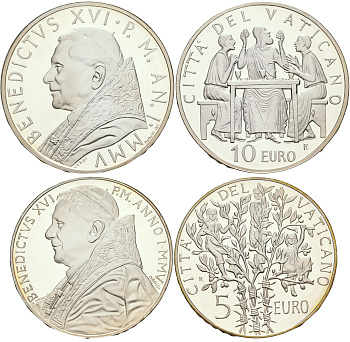 Ватикан 5 евро и 10 евро 2005 60 лет мира и свободы в Европе серебро PROOF 7-5-4-09