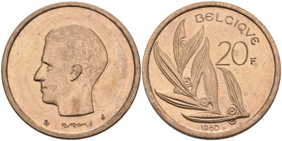 Бельгия 20 франков 1980 Belgique, Бодуэн I (1951-1993) KM 159 никель бронза UNC 4561-216