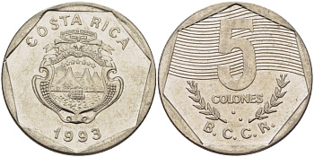 КОСТА-РИКА 5 КОЛОН 1993 l KM 214.3 сталь плакированная никелем 67-1011