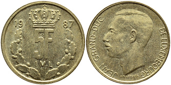 ЛЮКСЕМБУРГ 5 ФРАНКОВ 1987 БОЛЬШАЯ КОРОНА KM 60.2 латунь 4397-516