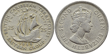 Британские Восточно-Карибские территории 25 центов 1959 Елизавета II (1952-2022), парусник KM 6 медно-никель 76-1056