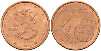 Финляндия 2 евроцента 2000  KM 99 сталь плакированная медью  UNC  4564-358