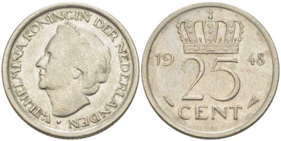 НИДЕРЛАНДЫ 25 ЦЕНТОВ 1948 ВИЛЬГЕЛЬМИНА (1890-1948) KM 177 никель 211-631