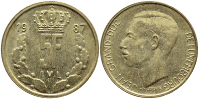 ЛЮКСЕМБУРГ 5 ФРАНКОВ 1987 БОЛЬШАЯ КОРОНА KM 60.2 латунь 4397-516
