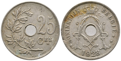 БЕЛЬГИЯ 25 САНТИМОВ 1928 BELGIE KM 69 медно-никель 4364-3742