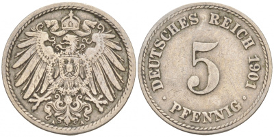ГЕРМАНИЯ 5 ПФЕННИГОВ 1901 A, KM 11, J. 12 медно-никель 73-661