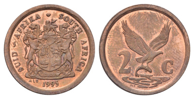 ЮАР 2 цента 1995 орел с рыбой KM 133 сталь плакированная медью UNC 4696-943