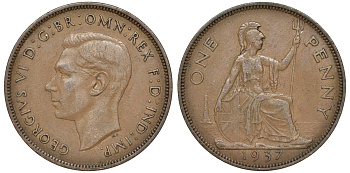 Великобритания 1 пенни 1937 Георг VI (1936-1952) KM 845, Spink 4114 бронза 51-2321