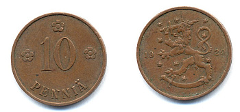 Финляндия 10 пенни 1929 республика (1918-1962) KM 24 медь 46-1636