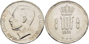 Люксембург 10 франков 1971 Великий герцог Жан (1964-2000) KM 57 никель 4389-1222