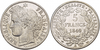 ФРАНЦИЯ 5 ФРАНКОВ 1849 А ИМИТАЦИЯ белый металл 4537-1011