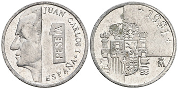 Испания 1 песета 1991 M, Хуан Карлос I (1975-2014) KM 832 алюминий 4602-1148