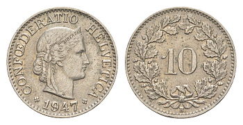 Швейцария 10 раппенов 1947 B KM 27 медно-никель 4532-1167