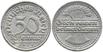 ГЕРМАНИЯ 50 ПФЕННИГОВ 1921 GF KM 27, J. 301 алюминий 24-956