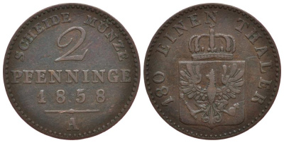 Пруссия 2 пфеннига 1858 A, Фридрих Вильгельм IV (1840-1861) KM 452, Jaeger 51, Olding 336, AKS 91 медь 186-623