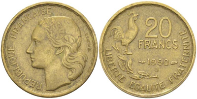 ФРАНЦИЯ 20 ФРАНКОВ 1950 В, 4 ПЕРА KM 917.2, LE FRANC 402.4 алюминиевая бронза 175-651