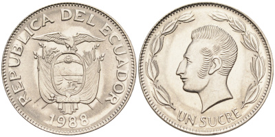 Эквадор 1 сукре 1988 Антонио Хосе Сукре KM 89 сталь плакированная никелем  UNC  4595-654
