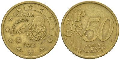 Испания 50 евроцентов 2001 M, Хуан Карлос I (1975-2014) KM 1045 нордик 4538-1252