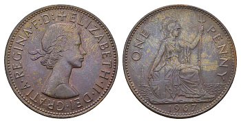 Великобритания 1 пенни 1967 Елизавета II (1952-2022) KM 897, Spink 4157 бронза 4389-926