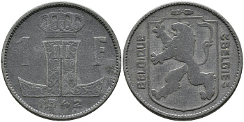 БЕЛЬГИЯ 1 ФРАНК 1942 BELGIQUE-BELGIE, ГЕРМАНСКАЯ ОККУПАЦИЯ, ВТОРАЯ МИРОВАЯ ВОЙНА KM 127 цинк 4390-1117