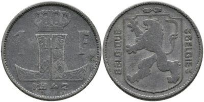 БЕЛЬГИЯ 1 ФРАНК 1942 BELGIQUE-BELGIE, ГЕРМАНСКАЯ ОККУПАЦИЯ, ВТОРАЯ МИРОВАЯ ВОЙНА KM 127 цинк 4390-1117