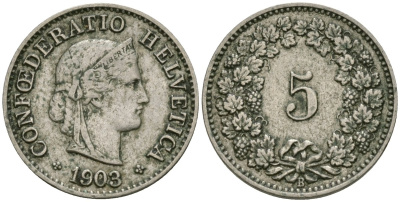 Швейцария 5 раппенов 1903 В KM 26 медно-никель 4576-1159